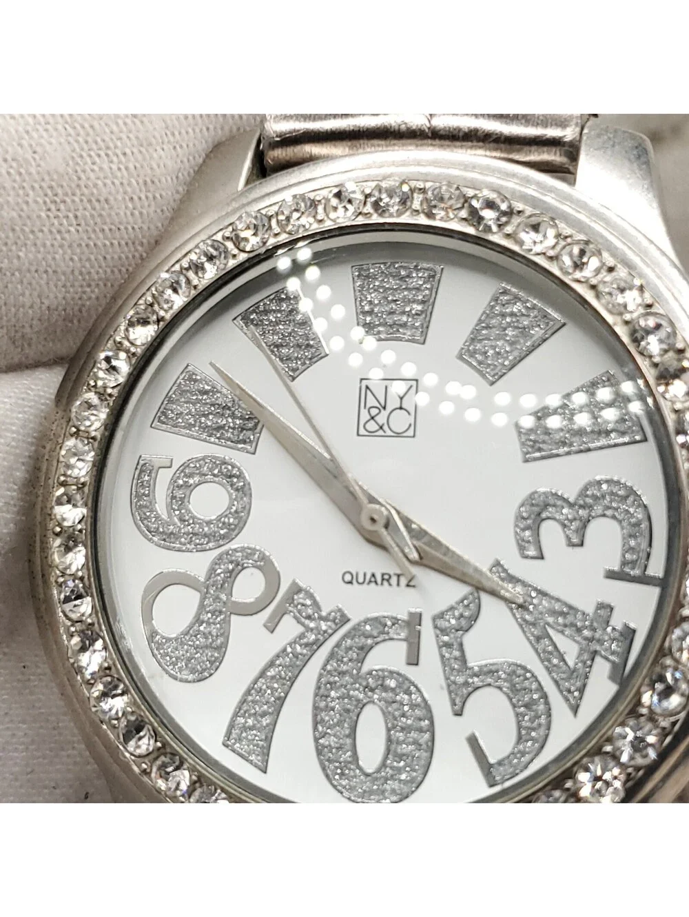 NY&C Quartz Watch Womens 40mm Silver Tone Rhinestone Bezel New Battery